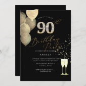第90誕生日金ゴールドグリッター気球 招待状 (正面/裏面)