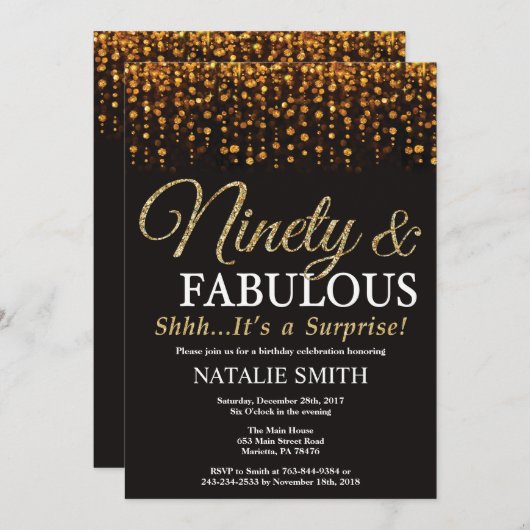 第90誕生日90およびすばらしい金ゴールドを驚かして下さい 招待状 (正面/裏面)