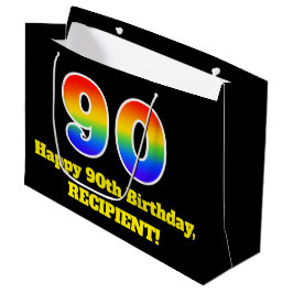 第90誕生日～おもしろい, カラフル, 鮮やか, Rainbow 90 ラージペーパーバッグ