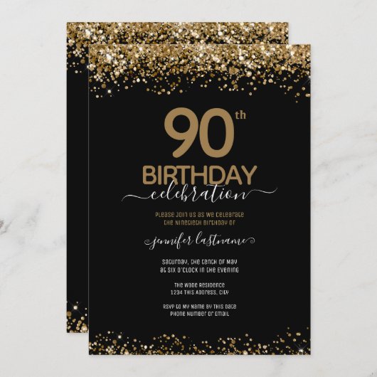 第90誕生祝い金ゴールドグリッター招待状 招待状 (正面/裏面)