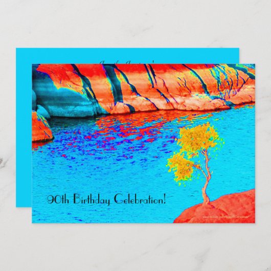 第90誕生祝い黄色い木カラフル、 招待状 (正面/裏面)