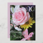 第90誕生祝い! -ピンクのバラの花束 招待状 (正面/裏面)
