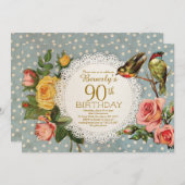 第90青い誕生日の招待状の素朴な花の鳥 招待状 (正面/裏面)