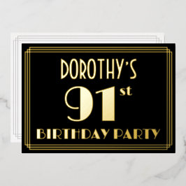 第91回誕生日パーティー：アールデコを見る"91"，名前あり 箔招待状