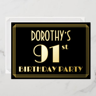 第91回誕生日パーティー：アールデコを見る"91"，名前あり 箔招待状