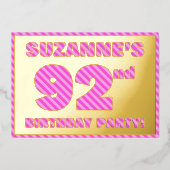 第92回バースデーはっきりしたタ・パーティー – ,おもしろい，ピンクストライプ色# 92 箔招待状 (正面)