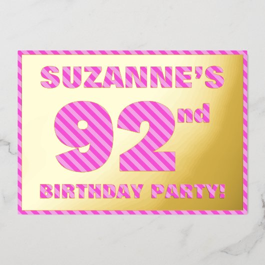 第92回バースデーはっきりしたタ・パーティー – ,おもしろい，ピンクストライプ色# 92 箔招待状 (正面)