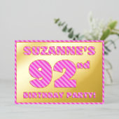 第92回バースデーはっきりしたタ・パーティー – ,おもしろい，ピンクストライプ色# 92 箔招待状 (立ち正面)