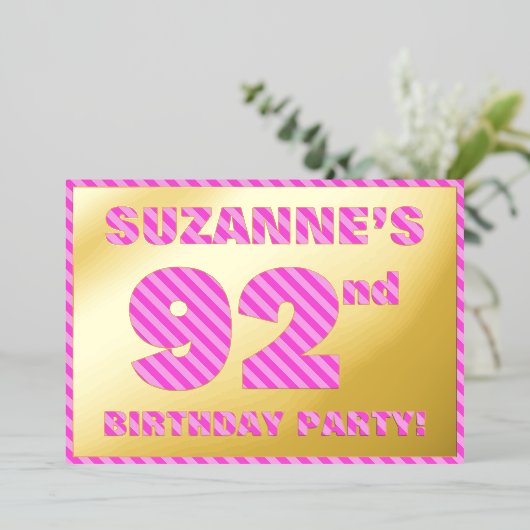 第92回バースデーはっきりしたタ・パーティー – ,おもしろい，ピンクストライプ色# 92 箔招待状 (立ち正面)