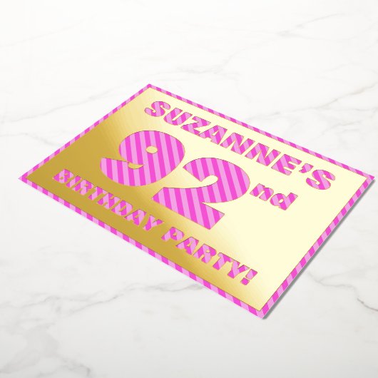 第92回バースデーはっきりしたタ・パーティー – ,おもしろい，ピンクストライプ色# 92 箔招待状 (回転した状態)