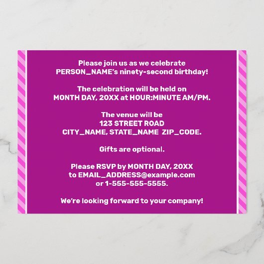 第92回バースデーはっきりしたタ・パーティー – ,おもしろい，ピンクストライプ色# 92 箔招待状 (裏面)