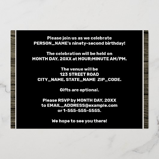 第92回バースデーパーティーはっきりした:,木目フェイク模様 箔招待状 (裏面)