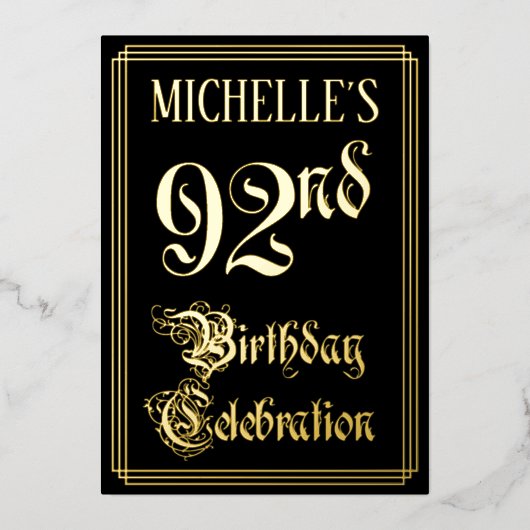 第92回バースデーパーティーファンシー – 脚本と名前をカスタムする 箔招待状 (正面)