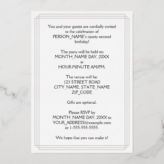 第92回バースデーパーティーファンシー – 脚本と名前をカスタムする 箔招待状 (裏面)