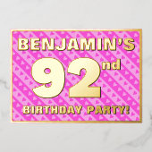 第92回バースデーパーティー – おもしろいピンクのハートとストライプ 箔招待状 (正面)