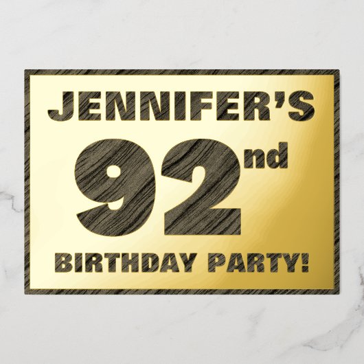 第92回バースデーパーティー – はっきりした、ウッドグフェイクレイン文字 箔招待状 (正面)