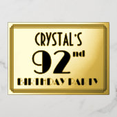 第92回バースデーパーティー – アールデコの外観:「92」 +名前 箔招待状 (正面)
