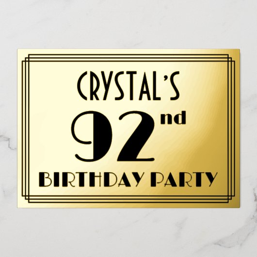 第92回バースデーパーティー – アールデコの外観:「92」 +名前 箔招待状 (正面)