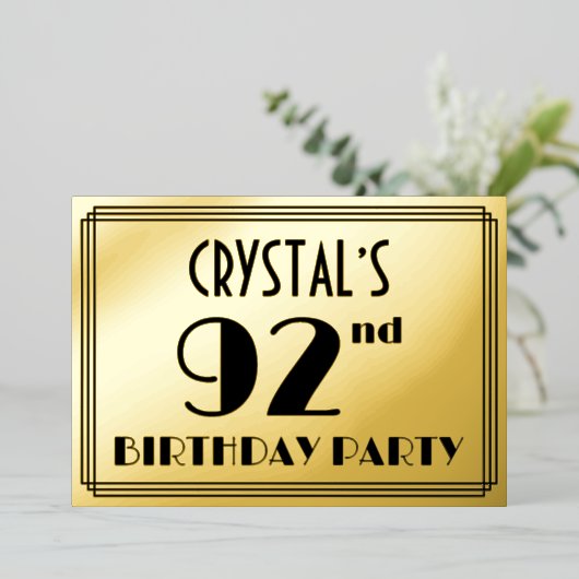 第92回バースデーパーティー – アールデコの外観:「92」 +名前 箔招待状 (立ち正面)