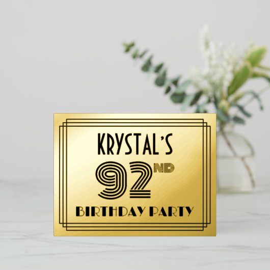 第92回バースデーパーティー~アールデコスタイル「92」 +名前 箔招待状ポストカード (立ち正面)