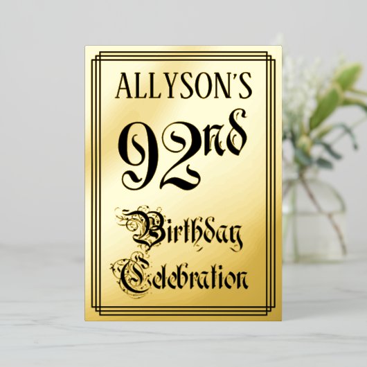 第92回バースデーパーティー – エレガント脚本+名前をカスタムする 箔招待状 (立ち正面)