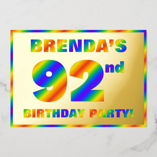 第92回誕生日パーティー – おもしろい、レインボースペクトル「92」 箔招待状 (正面)