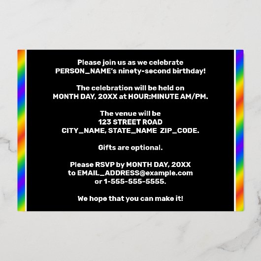 第92回誕生日パーティー – おもしろい、レインボースペクトル「92」 箔招待状 (裏面)