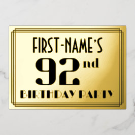 第92回誕生日パーティー：アールデコの外観"92"と名前 箔招待状