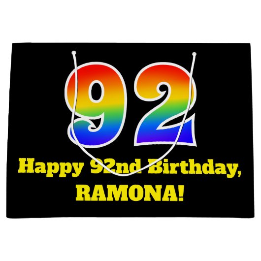 第92回誕生日~おもしろいカラフル,, 鮮やか, Rainbow 92 ラージペーパーバッグ (正面)