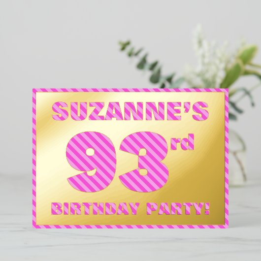 第93回誕生日パーティはっきりした:おもしろい、ピンクストライプ色93 箔招待状 (立ち正面)