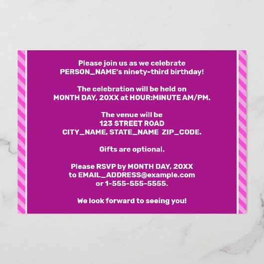 第93回誕生日パーティはっきりした:おもしろい、ピンクストライプ色93 箔招待状 (裏面)