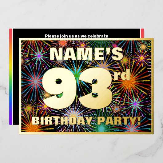 第93回誕生日パーティー – おもしろいカラフル、Fireworks Look 箔招待状 (正面/裏面)