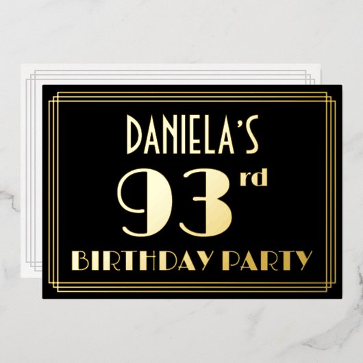 第93回誕生日パーティー:アールデコを見る"93",名前あり 箔招待状 (正面/裏面)