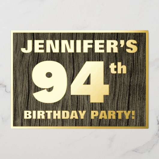 第94回バースデーパーティーはっきりした:,木目フェイク模様 箔招待状 (正面)
