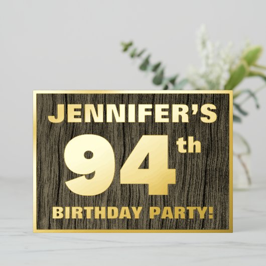 第94回バースデーパーティーはっきりした:,木目フェイク模様 箔招待状 (立ち正面)