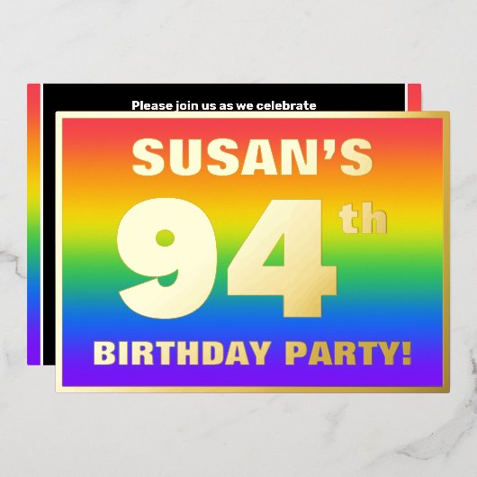 第94回誕生日会：おもしろい、レインボーカラフルパターン 箔招待状 (正面/裏面)