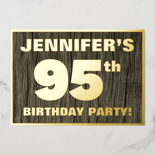 第95回誕生日パーティーはっきりした:，木目フェイク模様 箔招待状 (正面)