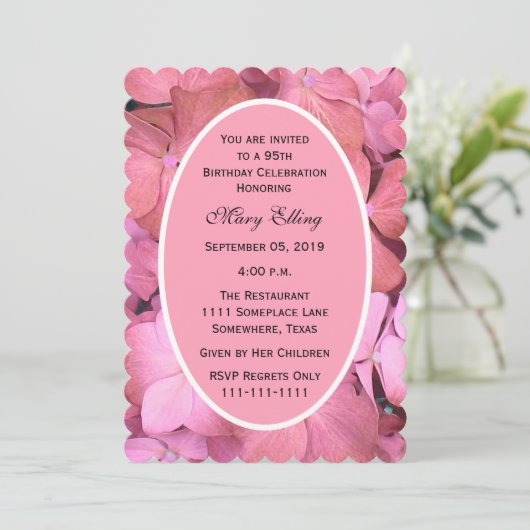 第95回誕生日パーティーピンクの鱗状紫陽花 招待状 (スタンド正面)