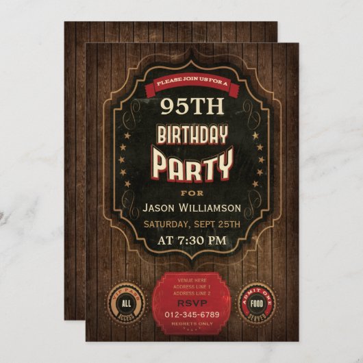 第95誕生日のヴィンテージ黒板及び木 招待状 (正面/裏面)