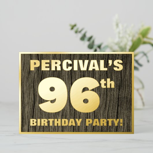 第96回バースデーパーティーはっきりした:,木目フェイク模様 箔招待状 (立ち正面)