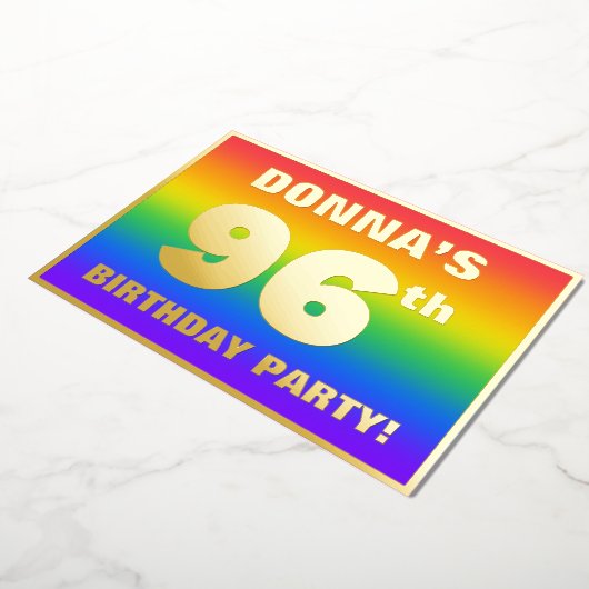 第96回誕生日会：おもしろい、レインボーカラフルパターン 箔招待状 (回転した状態)