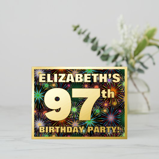 第97回バースデーはっきりしたトカラフル:, Fireworks Look 箔招待状ポストカード (立ち正面)