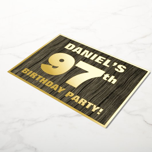 第97回バースデーパーティーはっきりした:，木目フェイク模様 箔招待状 (回転した状態)