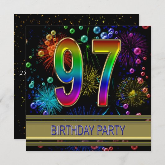 第97回バースデーパーティーへの招待（バブル付き） 招待状 (正面/裏面)