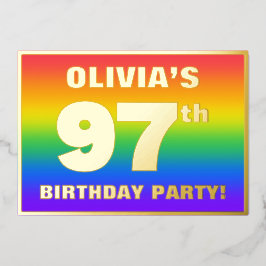 第97回誕生日パーティー：おもしろいカラフル、レインボーパターン 箔招待状