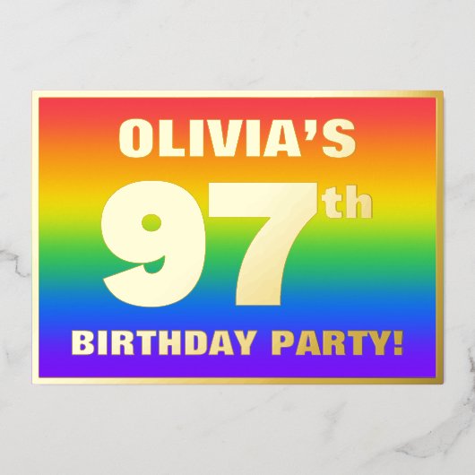 第97回誕生日パーティー:おもしろいカラフル、レインボーパターン 箔招待状 (正面)
