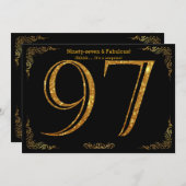第97回誕生日パーティー,ギャツビースタイル,ブラック金ゴールドグリッター 招待状 (正面/裏面)