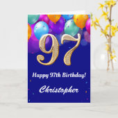 第97誕生日ネイビーブルーと金ゴールドバルーンカラフル カード (黄色い花)