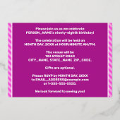 第98回バースデーパーティはっきりした:おもしろい、ピンクストライプ色98 箔招待状 (裏面)