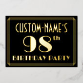 第98回バースデーパーティー:アールデコを見る"98",名前あり 箔招待状 (正面)